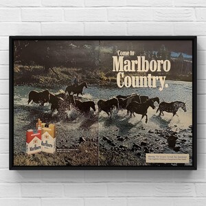 Cartel publicitario de 2 páginas de la revista Western 70s con cigarrillos Marlboro vintage de los años 70, impresión de arte de pared, decoración del hogar, regalo retro, colección original de vaqueros