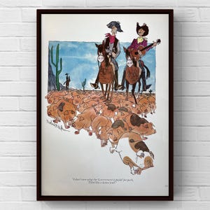 Ilustración vintage de Rowland Wilson, década de 1970, dibujo de cómic, Playboy, vaquero, revista divertida, página de los 70, póster, impresión, decoración original para el hogar, arte de pared, cerdo