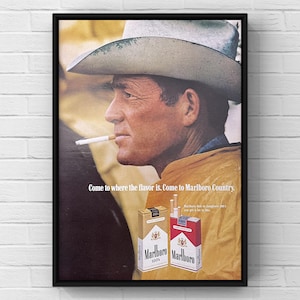 Cartel publicitario vintage de cigarrillos Marlboro de los años 70, página de revista de vaqueros del oeste de los años 70, impresión de arte de pared, decoración del hogar, regalo retro, coleccionable original para hombre