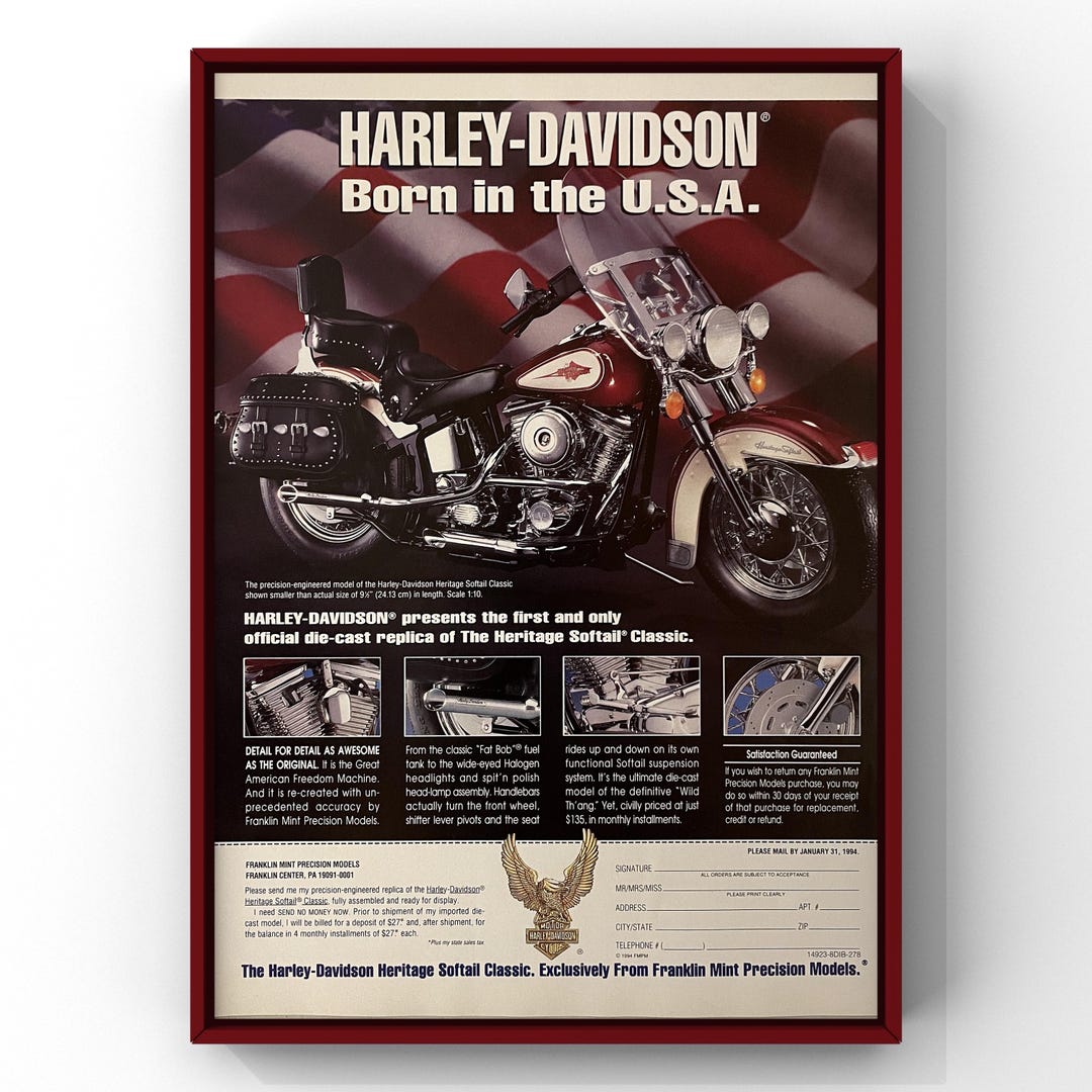 Vintage 1990s Harley Davidson Motorcycle 90s Magazine Page Ad