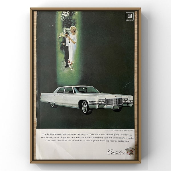 Affiche publicitaire de voiture classique Cadillac des années 60, impression originale des années 60, homme des années 60, art mural des cavernes, décoration intérieure, voitures de course de 1969