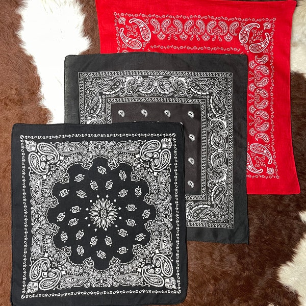 Vintage Style Lot of 3 Bandanas black and red cotton scarfs Bandana retro fashion set paisleys floral flowers handkerchief necktie