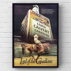 Cartel vintage de Lord Calvert, década de 1970, whisky canadiense, vaquero occidental, alcohol, bar, revista de los años 70, impresión de página, arte de pared, decoración del hogar, regalo retro