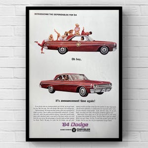 Auto d'epoca Dodge V8 Chrysler rossa degli anni '60, pagina di rivista degli anni '60, poster pubblicitario, stampa su carta, decorazione da parete, regalo retrò originale Mancave
