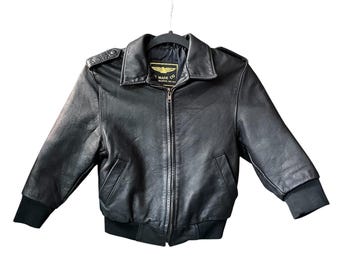 1990's Vintage Kid's Black Leather Bomber Jacket Sz Kids L - OOAK