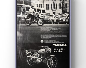 Vintage des années 1970, motos Yamaha 125 Street Scrambler AS-2C, motos des années 70 dans un magazine, affiche sur papier, impression d'art mural, décoration d'intérieur rétro originale