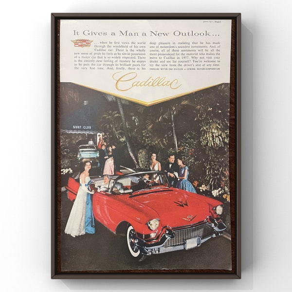 Affiche vintage de voiture rouge Cadillac des années 50, impression d'art mural rétro des années 50, décoration d'intérieur 1957 General Motors