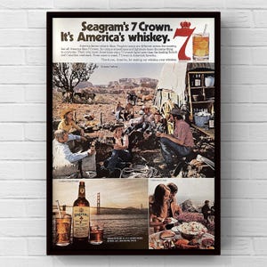 Cartel vintage de la década de 1970 con diseño de barra de whisky Seagrams 7 Crown, publicidad en revistas de los años 70, impresión en papel, arte de pared, decoración del hogar, regalo, colección original