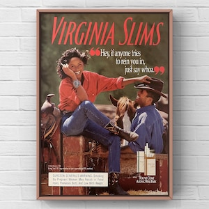 Vintage 1990s Virginia Slims Cigarettes Cowgirl 90s Magazine Ad Poster Paper Print Wall Art Home Decor Retro Original Tobacco Gift Woman