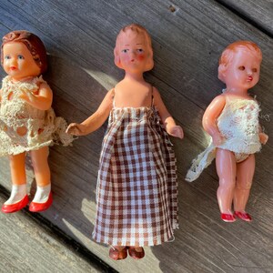 Vintage Antique 1920s 1960s Plastic Celluloid Glass Set of 3 Dolls Mini Small Home Decor Cute Toys Kids Girls Germany Closing Eyes Doll
