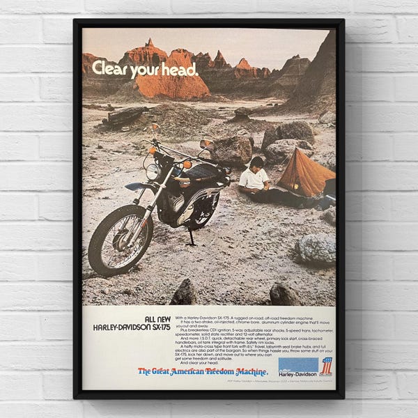 Vintage anni '70 Harley Davidson Moto SX-175 Biker 70s Pagina di rivista Poster pubblicitario Stampa su carta Arte murale Decorazione per la casa Regalo Originale Mancave HD