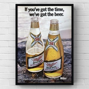 Cartel vintage de la década de 1970 con cerveza Miller High Life, bar de los años 70, alcohol, revista, página de anuncio, impresión en papel, arte de pared, decoración del hogar, regalo retro, coleccionable original