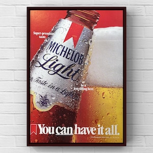 Vintage des années 1980, bière légère Michelob, alcool des années 80, bières, page de magazine, affiche publicitaire, impression d&#39;art mural, décoration d&#39;intérieur, cadeau rétro, bar de collection original