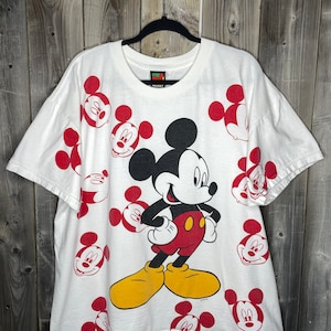Vintage jaren 1990 all-over print Mickey Mouse Disney T-shirt T-shirt retro XL jaren 90 cartoon tshirt t-shirt wit rood cadeau schattig dier