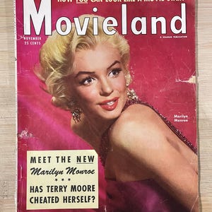 Vintage 1950s Full Magazine Movieland 1954 Marilyn Movies Pinup 60s Retro Book Gossip Collectible Gift Home Decor Hollywood Ad Print Film TV