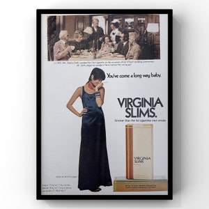 Cartel publicitario de la revista feminista de los años 70 con cigarrillos Virginia Slims vintage de los años 70, impresión de arte de pared, decoración del hogar, tabaco original retro, mujer de moda