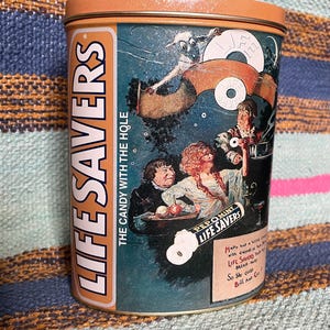 Vintage 1980s LIFESAVERS Empty Tin Storage Box Tea Canister Home Decor Metal Bar Kitchen 1900s Style Container 80s Gift Candy Moon Lamb