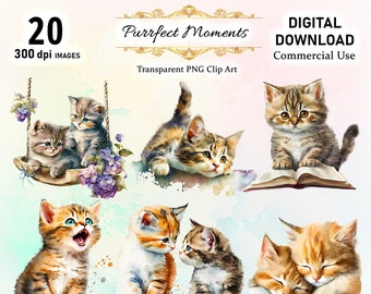 Gatinhos aquarela, clipart de gato, arte engraçada de gato, formato de arquivo PNG, download instantâneo, arquivos de clipart e imagem, clipart de gatinho fofo