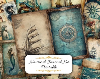 Nautisches Junk Journal Kit zum ausdrucken, Ephemera Pack, Journaling Zubehör, Scrapbook Zubehör, Papiermodelle, nautische Clip Art, ATC Karten