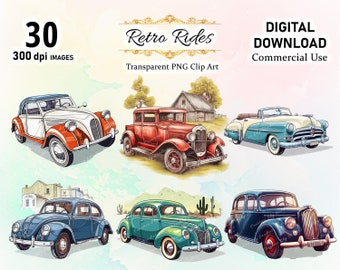 Clip art di auto d'epoca dipinte a mano stampabili, auto d'epoca d'epoca, auto d'epoca retrò, arte e oggetti da collezione, auto d'epoca, auto disegnate a mano