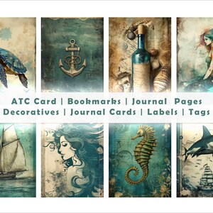 May include: A collection of nautical-themed art cards and decorative items. The cards feature illustrations of a sea turtle, anchor, bottle, mermaid, sailboat, seahorse, and shark. The text "ATC Card | Bookmarks | Journal Pages | Decoratives | Journal Cards | Labels | Tags" is displayed.