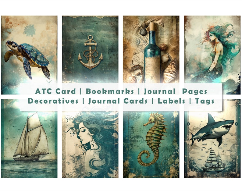 May include: A collection of nautical-themed art cards and decorative items. The cards feature illustrations of a sea turtle, anchor, bottle, mermaid, sailboat, seahorse, and shark. The text "ATC Card | Bookmarks | Journal Pages | Decoratives | Journal Cards | Labels | Tags" is displayed.