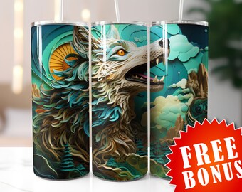 Seamless 3d wolf tumbler wrap, 20oz and 30oz Sublimation Tumbler, 3d wolf design, wolf tumbler wrap png, wolf tumbler, animal tumbler