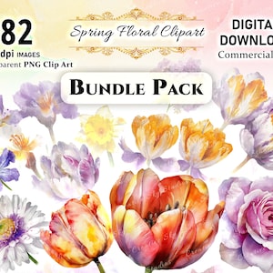 Printable Watercolor Spring Floral Clipart Bundle, spring clipart,  watercolor flowers, floral sublimation, flower png, spring png, 300 DPI