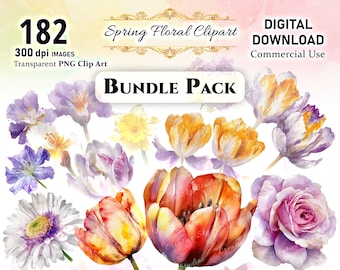 Printable Watercolor Spring Floral Clipart Bundle, spring clipart,  watercolor flowers, floral sublimation, flower png, spring png, 300 DPI