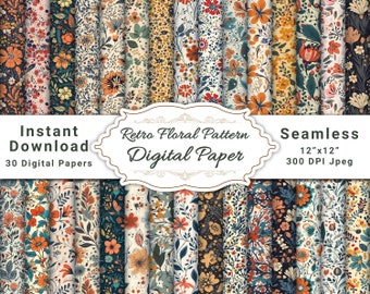 Retro Floral Pattern Digital Paper, printable papers, digital scrapbook paper floral, leaves digital paper, Floral pattern, seamless pattern