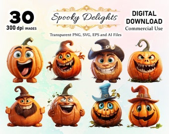 Happy Halloween Clipart | 30 PNG Graphics | eps, AI, and SVG Files | High-Quality Halloween Graphics | Instant Download for Commercial Use