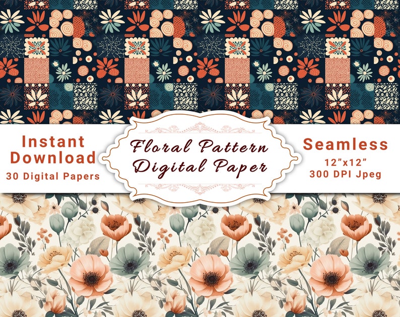 Floral Pattern Digital Paper, Printable Papers, Digital Scrapbook Paper ...