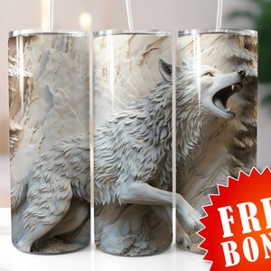 Sculpted Wolf Spirit, Seamless 3d wolf tumbler wrap, 20oz & 30oz Sublimation Tumbler, 3d wolf design, marble carved tumbler wrap png
