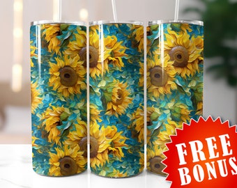 Watercolor  Sunflower Tumbler Wrap Floral Flowers Sublimation Seamless Designs - 20oz & 30oz  Skinny Tumbler 20oz Design, watercolor tumbler