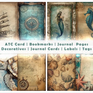 May include: A collage of vintage-style nautical-themed art prints. The images include a sailboat, compass rose, mermaid, seahorse, sea turtle, and seashells. The text "ATC Card | Bookmarks | Journal Pages | Decoratives | Journal Cards | Labels | Tags" is displayed.