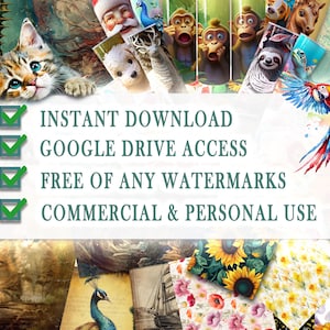May include: A collage of various digital images, including a kitten, a parrot, and several animal portraits. The text on the image reads "INSTANT DOWNLOAD", "GOOGLE DRIVE ACCESS", "FREE OF ANY WATERMARKS", and "COMMERCIAL & PERSONAL USE".