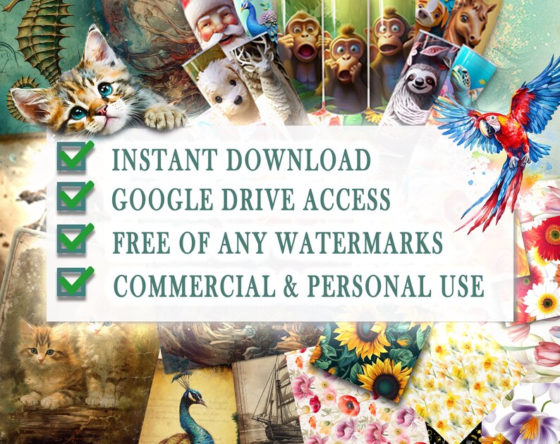 May include: A collage of various digital images, including a kitten, a parrot, and several animal portraits. The text on the image reads "INSTANT DOWNLOAD", "GOOGLE DRIVE ACCESS", "FREE OF ANY WATERMARKS", and "COMMERCIAL & PERSONAL USE".