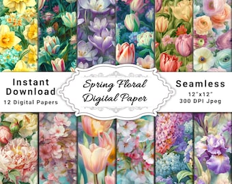 Spring Flowers Digital Paper, printable papers, digital scrapbook paper floral, pastel flower prints, Floral pattern, seamless pattern