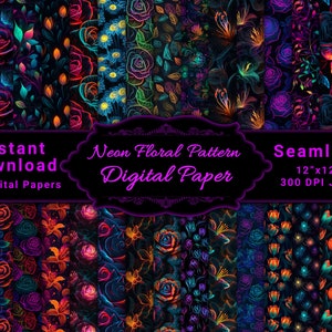Neon Floral Digital Paper, printable papers, digital scrapbook paper floral, leaves digital paper, Floral pattern, seamless pattern