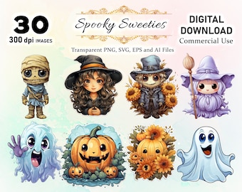 Cute Halloween clipart designs, 30 kawaii svg, eps, AI & png Files, kawaii Halloween, vector designs, Instant Download, Commercial Use