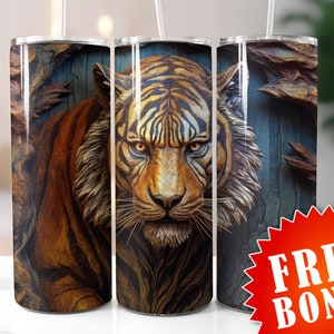 wood tiger | Seamless 3d tiger tumbler wraps, 20oz & 30oz Sublimation Tumbler, 3d tiger design, wood carved tumbler wrap, 3d tiger tumbler