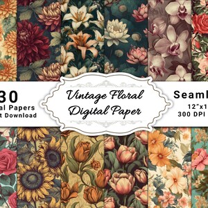 Papel digital floral vintage imprimible- Arte floral vintage, papel de álbum de recortes, lienzo y superficies, fondos de flores, sublimación floral