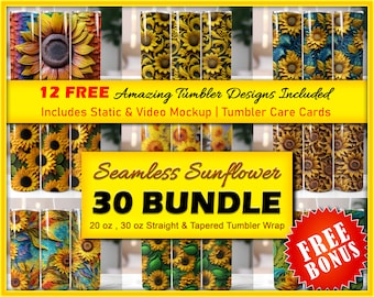 Seamless 30 Sunflower Tumbler Wrap BUNDLE, Sublimation Seamless Designs - 20oz & 30oz  Skinny Tumbler Wrap Design, sunflower design