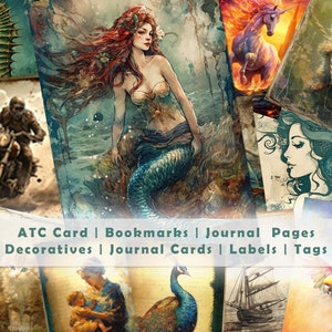 May include: A collection of vintage-style art prints featuring a mermaid, seahorse, kitten, unicorn, and motorcycle rider. The prints are labeled as ATC cards, bookmarks, journal pages, decoratives, journal cards, labels, and tags.