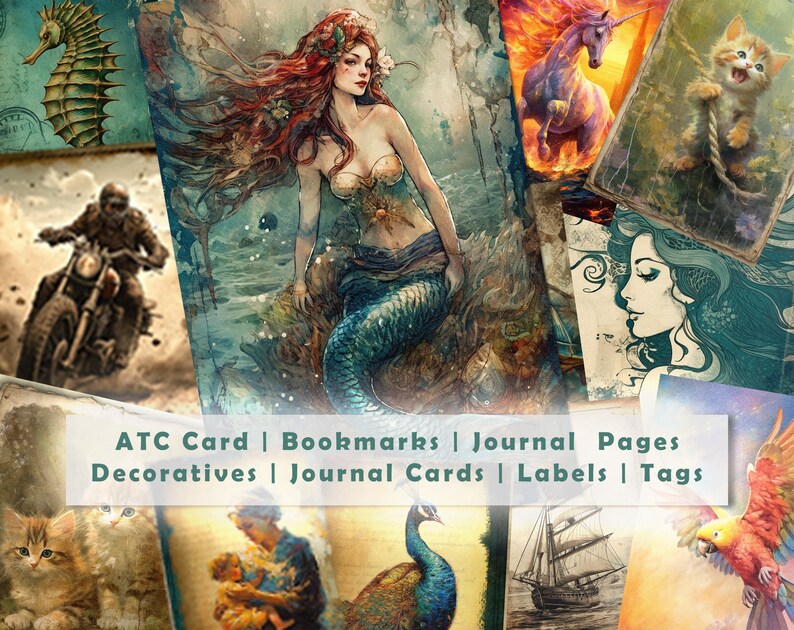 May include: A collection of vintage-style art prints featuring a mermaid, seahorse, kitten, unicorn, and motorcycle rider. The prints are labeled as ATC cards, bookmarks, journal pages, decoratives, journal cards, labels, and tags.