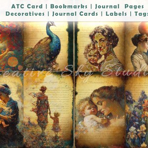 May include: A collage of vintage-style art prints featuring mothers and children, a peacock, and floral elements. The prints have a warm color palette with text overlays. The top banner reads "ATC Card | Bookmarks | Journal Pages | Decoratives | Journal Cards | Labels | Tags."