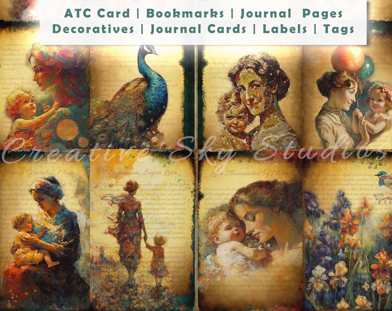 May include: A collage of vintage-style art prints featuring mothers and children, a peacock, and floral elements. The prints have a warm color palette with text overlays. The top banner reads "ATC Card | Bookmarks | Journal Pages | Decoratives | Journal Cards | Labels | Tags."
