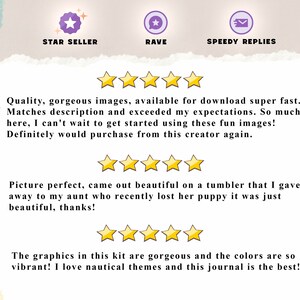 May include: Image featuring text and graphics. The text includes "STAR SELLER", "RAVE", and "SPEEDY REPLIES". There are customer reviews with five-star ratings. The reviews mention quality images, fast downloads, and beautiful graphics.