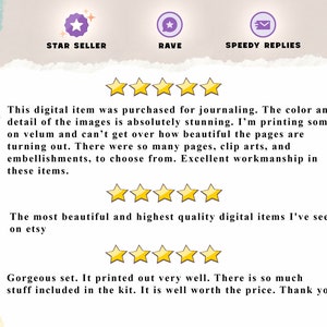 May include: Image features text that reads "STAR SELLER", "RAVE", and "SPEEDY REPLIES". The image also includes customer reviews with star ratings, praising the digital items for journaling, quality, and the variety of included elements.