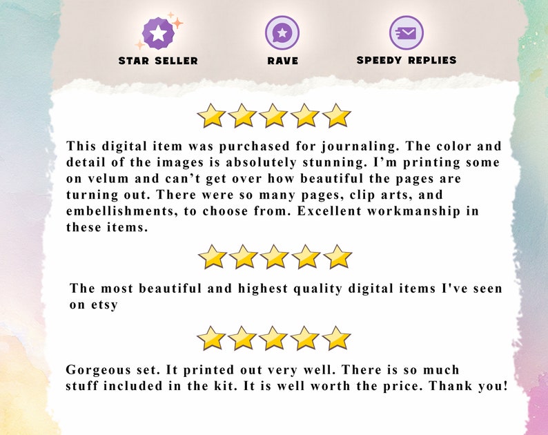 May include: Image features text that reads "STAR SELLER", "RAVE", and "SPEEDY REPLIES". The image also includes customer reviews with star ratings, praising the digital items for journaling, quality, and the variety of included elements.